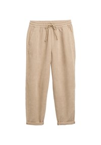 Pantalon beige en velours côtelé avec taille élastique, cordon de serrage, poches latérales et ourlets retroussés, présenté sur fond blanc.
