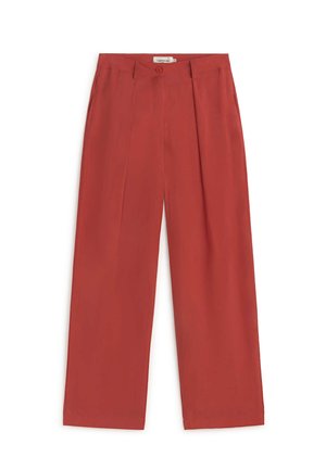 Pantalon taille haute couleur rouille avec jambes larges, plis à l'avant, passants pour ceinture, poches latérales, fermeture par bouton et fermeture éclair.