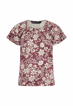 Chemise à manches courtes couleur bordeaux avec un motif floral blanc intégral et un col rond, taille UK 12, EUR 40.