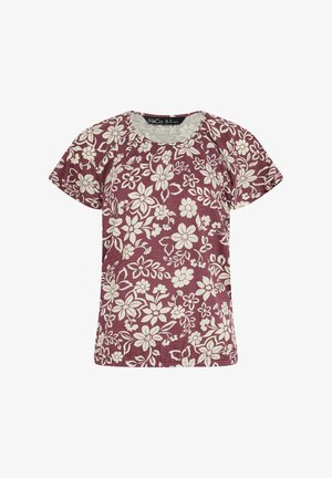 Kurzärmliges bordeauxrotes Hemd mit einem durchgehenden weißen Blumenmuster und einem rundem Ausschnitt, Größe UK 12, EUR 40.