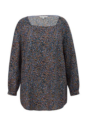 Ženska bluza z dolgimi rokavi, okroglim izrezom in abstraktnim večbarvnim pikčastim vzorcem v modrih, rjavih in črnih tonih.