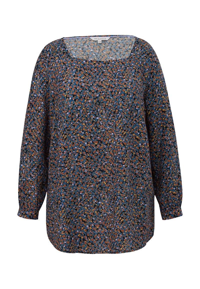 Ženska bluza z dolgimi rokavi, okroglim izrezom in abstraktnim večbarvnim pikčastim vzorcem v modrih, rjavih in črnih tonih.