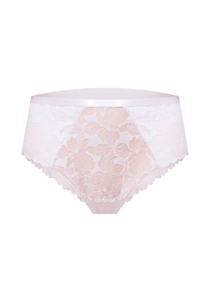 Damska bielizna z wysokim stanem, wykonana z przezroczystej koronki w kwiatowy wzór w jasnoróżowym i białym kolorze, z falistymi brzegami i gładkim paskiem w talii.