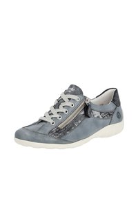 Gray sneaker with a smooth suede upper, decorative side zipper, and contrasting white sole. Features gray laces and rounded toe design.