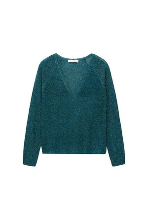 Pull en tricot teal avec un col en V, des manches longues et un léger scintillement. Texture douce avec des accents côtelés au niveau du col et des poignets.