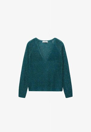 Turkizna pletena jopica z V-izrezom, dolgimi rokavi in rahlim sijajem. Mehka tekstura z rebrastimi detajli na izrezu in manšetah.