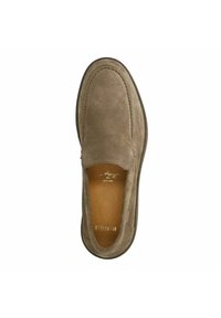 Brown suede slip-on shoe with a rounded toe, padded insole, and stitching details along the edges. Flat rubber sole for comfort.