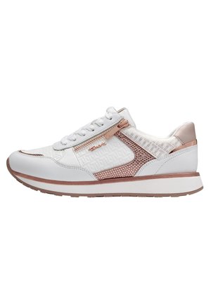 White sneaker featuring a textured upper with perforated accents and a rose gold zipper. Cushioned sole and lightweight design.