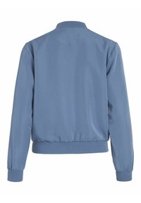 Light blue bomber jacket with a ribbed collar and cuffs, elasticized waistband, and smooth, slightly shiny fabric. Back view only.