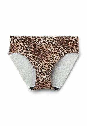 Parte inferior de bikini con estampado de leopardo en beige, marrón y negro, mostrado sobre un fondo blanco.
