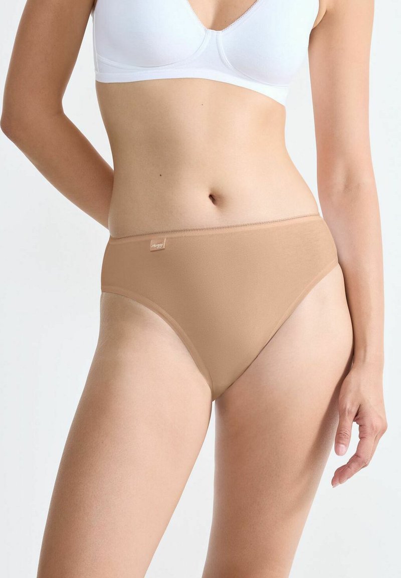 Beige high-waisted briefs made from smooth fabric. Features a seamless design with a small logo tag on the waistband.