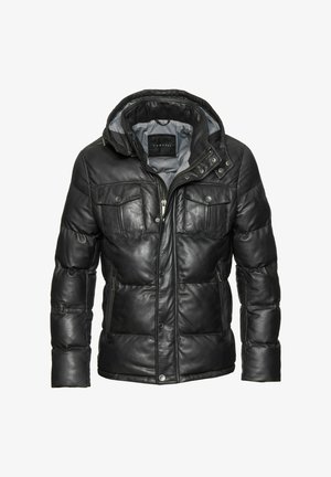 Schwarze Leder-Pufferjacke mit Kapuze, ausgestattet mit Druckknopf-Brusttaschen, einem Reißverschluss vorne und einem kontrastierenden grauen Innenfutter.