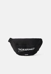 Black fanny pack made of nylon, featuring a zip closure, adjustable strap, and a white logo design on the front pocket.