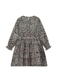 Langarmkleid aus leicht grünem Stoff mit einem schwarz-braunen Leopardenmuster. Verfügt über einen gefältelten Rock und einen Schlüssellochverschluss im Rücken.