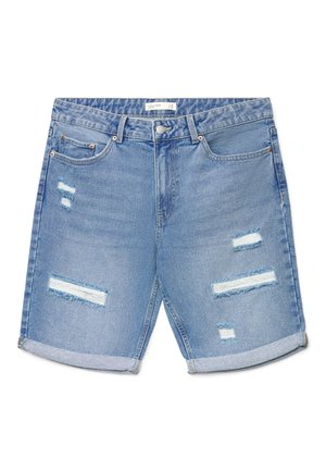 Shorts di jeans blu con orli risvoltati, toppe consumate sul davanti, cinque tasche e chiusura con bottone in metallo.