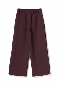 Bordeaux brede bukser lavet af blødt stof, med elastisk talje og en afslappet pasform, uden synlige lukninger eller lommer.