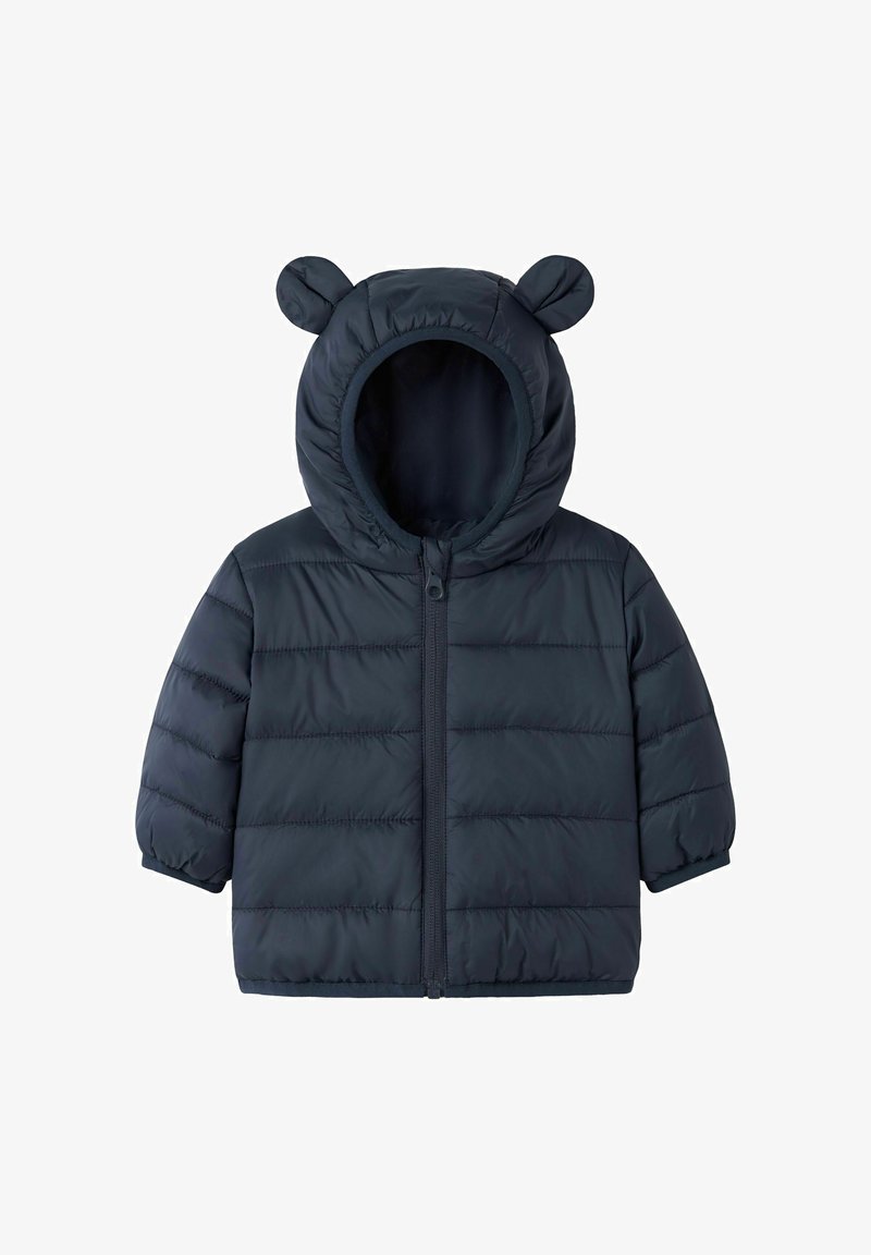Doudoune bleu marine pour enfants avec capuche comportant deux oreilles rondes en tissu et une fermeture éclair devant.