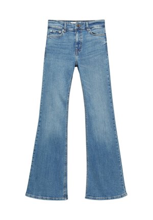 Jean en denim bleu clair avec une taille haute et des jambes évasées, avec des poches avant et une fermeture par bouton.
