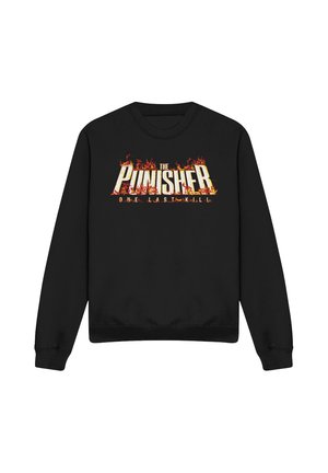 Schwarzer Sweatshirt mit langem Arm mit Text "The Punisher" in weißen Buchstaben mit Flammen und kleinerem Text "One Last Kill" darunter.
