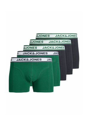 Pięć par męskich bokserek w kolorze zielonym i ciemnoszarym, każda z białą gumką w pasie z napisem "JACK&JONES".