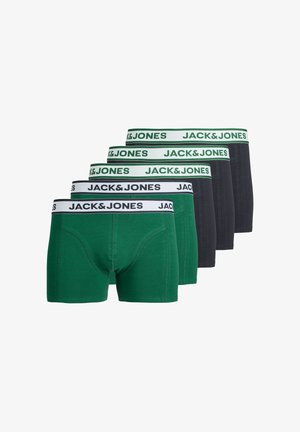 Pięć par męskich bokserek w kolorze zielonym i ciemnoszarym, każda z białą gumką w pasie z napisem "JACK&JONES".