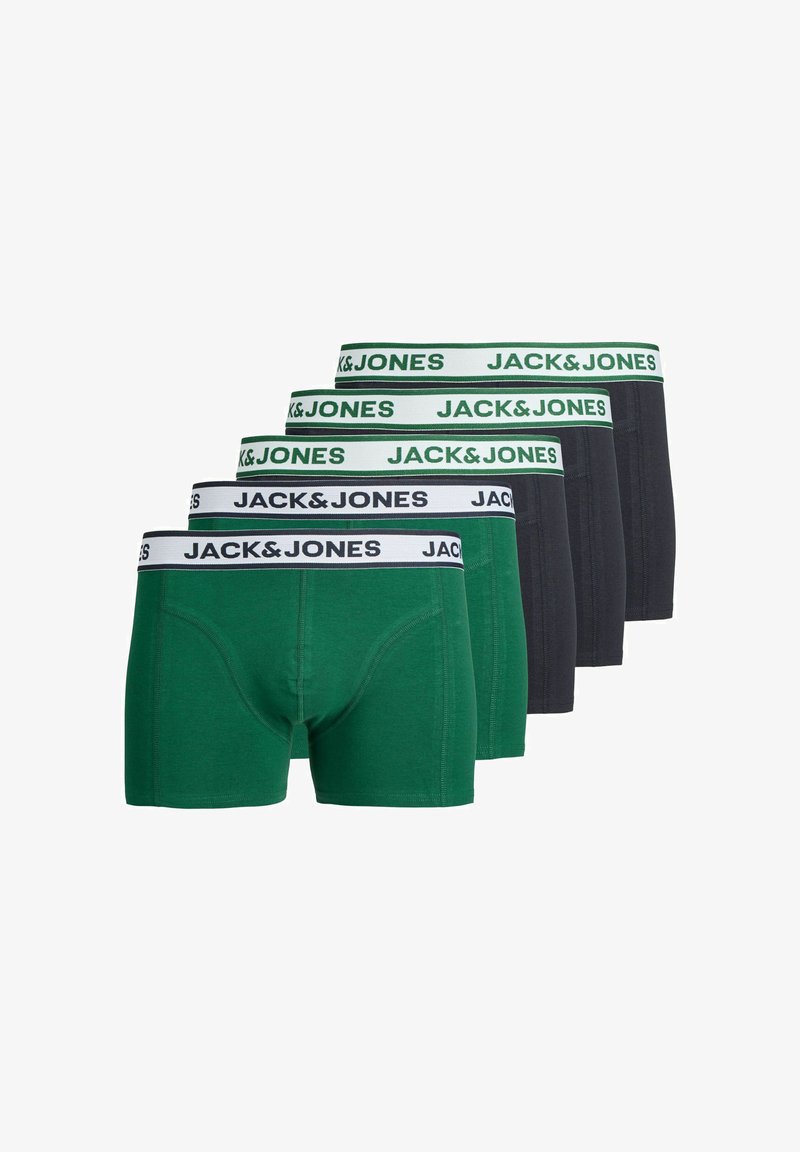 Cinq paires de boxers pour hommes en vert et gris foncé, chacun avec une ceinture blanche portant la marque "JACK&JONES".