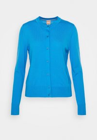 Ljusblå cardigan med rund krage, långa ärmar och knapprad. Har en mjuk textur och figursydd design.