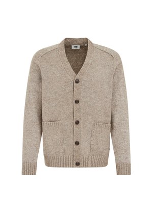 Bež kudumi kardigan V-kaelusega, ees nupuga kinnitamine, kaks taskut, soonikvarrukad ja -äär. Tekstuur on pehme ja tekstureeritud.