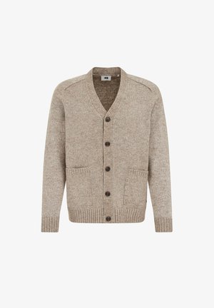 Bežani pleteni kardigan s V-izrezom, prednjim kopčanjem na dugmad, dva džepa, rebrastim manžetama i rubom. Tekstura je teksturirana i meka.