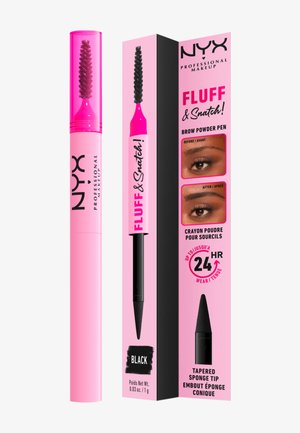 NYX Professional Makeup Fluff & Snatch brow powder pen with spoolie brush and tapered sponge tip, showing before and after eyebrow results.