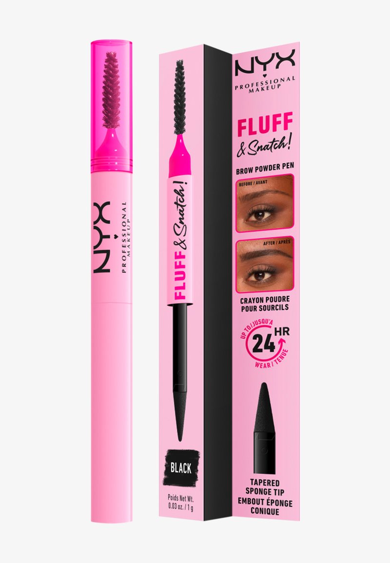 Stylo poudre à sourcils NYX Professional Makeup Fluff & Snatch avec brosse spoolie et embout éponge effilé, montrant les résultats avant et après sur les sourcils.