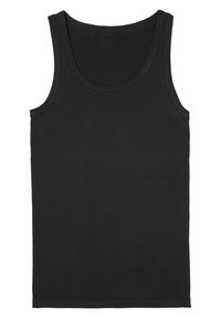Black tank top made of smooth cotton fabric, featuring a rounded neckline and wide shoulder straps, with a straight hem. No patterns or accents.