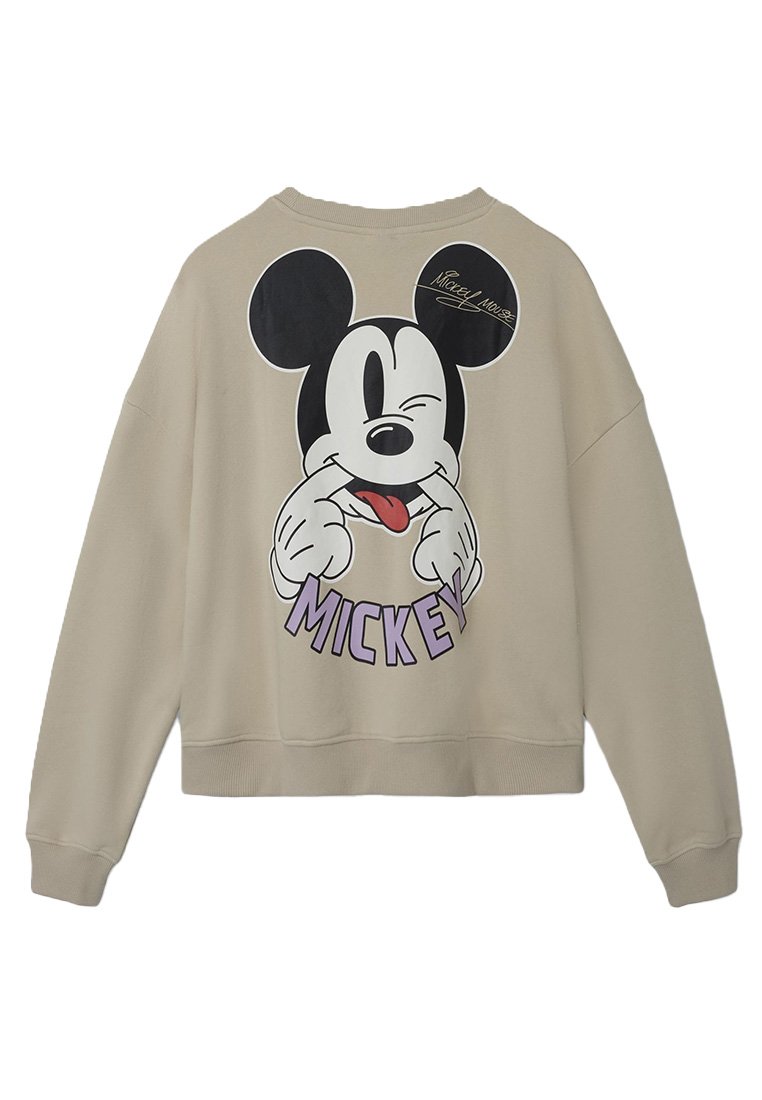Felpa beige con design cropped, caratterizzata da una grande grafica in bianco e nero di Topolino sul retro, con testo viola che recita "MICKEY".
