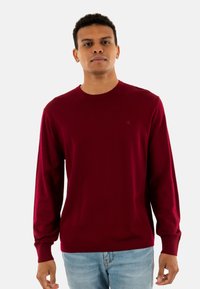 Junger Mann, der einen langärmeligen burgunderfarbenen Pullover und eine hellblaue Jeans trägt, steht frontal vor einem schlichten hellen Hintergrund.