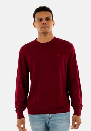 Giovane uomo che indossa un maglione lungo di colore bordeaux e jeans azzurri chiari, rivolto frontalmente contro uno sfondo semplice e chiaro.