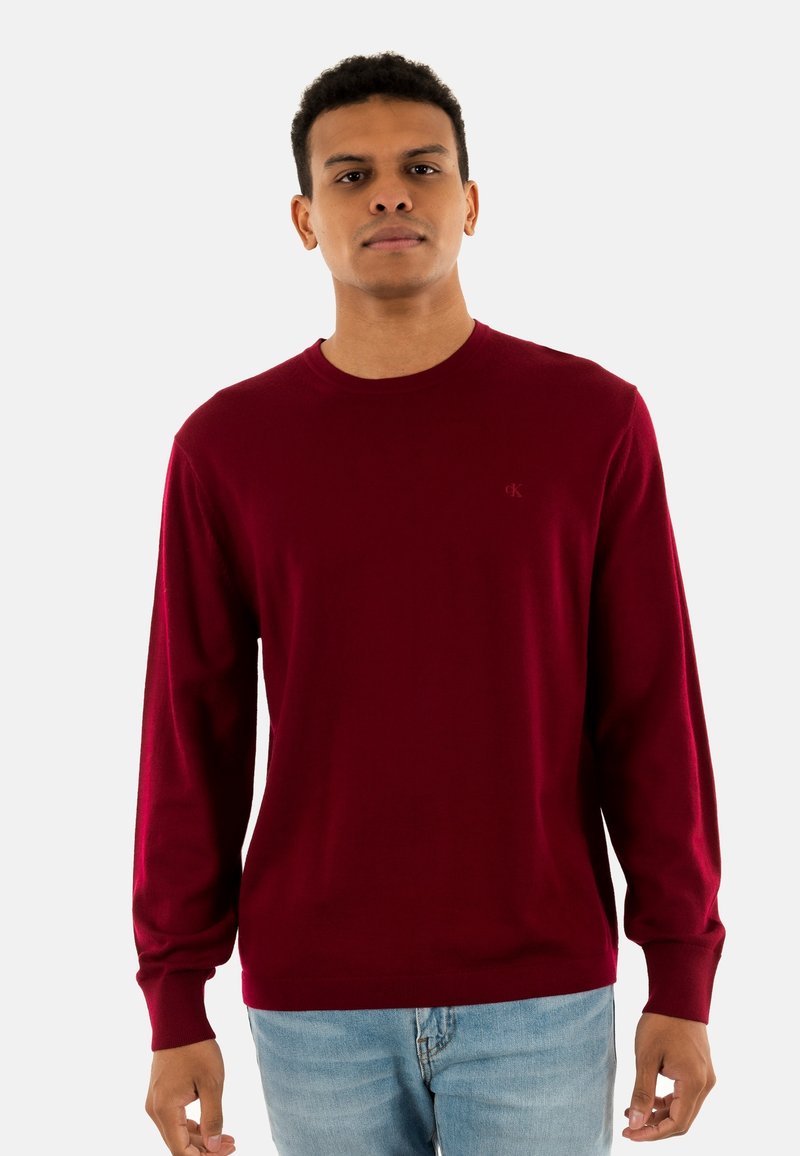 Junger Mann, der einen langärmeligen burgunderfarbenen Pullover und eine hellblaue Jeans trägt, steht frontal vor einem schlichten hellen Hintergrund.