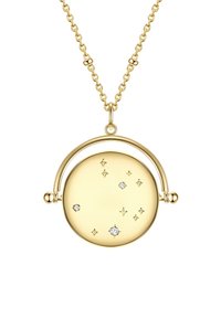 Collana con pendente d'oro caratterizzata da un disco rotondo con stelle e accentuazioni di diamanti, sospesa a una catena con una cornice circolare e dettagli a doppia sfera.