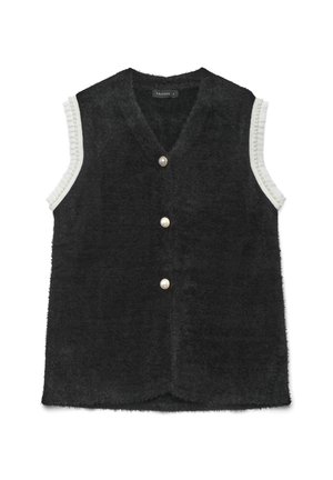 Gilet nero senza maniche con una texture morbida, caratterizzato da un colletto a V, tre bottoni di perla e dettagli arricciati bianchi lungo le aperture delle maniche.