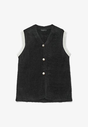 Gilet nero senza maniche con una texture morbida, caratterizzato da un colletto a V, tre bottoni di perla e dettagli arricciati bianchi lungo le aperture delle maniche.