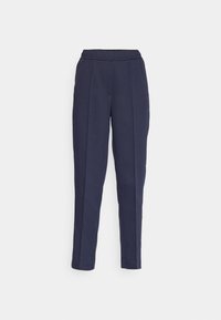 Pantalones azul marino con cinturilla elástica, diseño de pierna recta, pliegues frontales y textura suave. Sin bolsillos ni adornos adicionales.