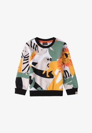 Sweatshirt multicolore avec un imprimé animal amusant, comprenant un lion, un zèbre et un crocodile, avec des bords noirs et un tissu doux.