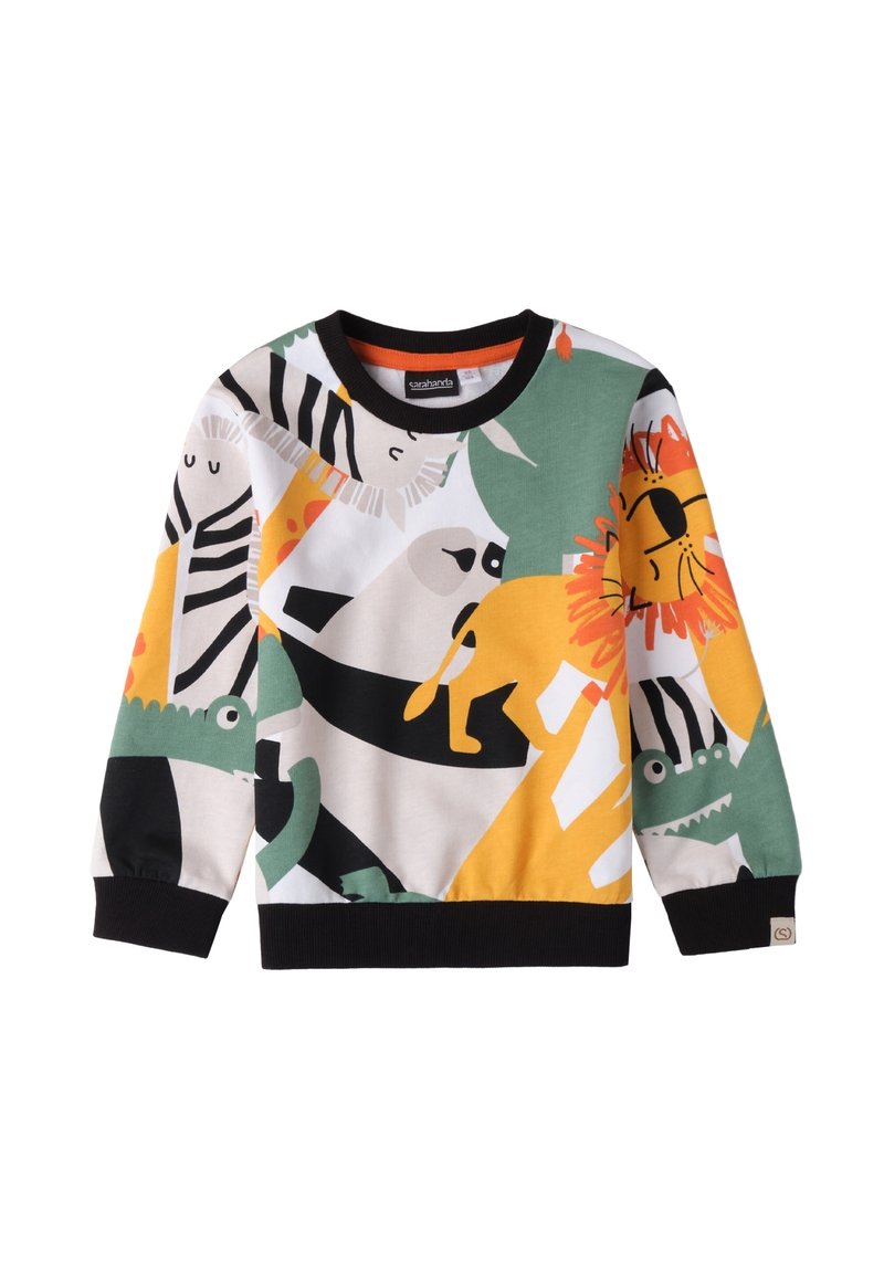 Felpa multicolore con una fantasia di animali giocosa, che include un leone, una zebra e un coccodrillo, con dettagli neri e un tessuto morbido.