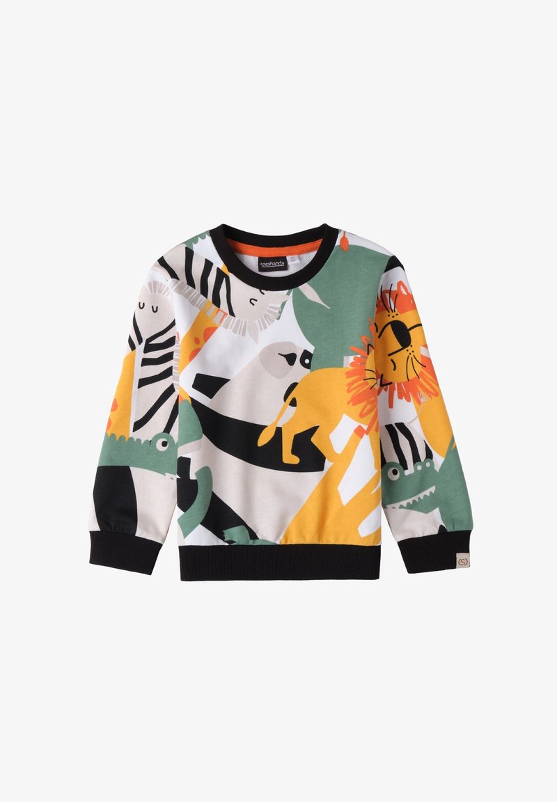 Felpa multicolore con una fantasia di animali giocosa, che include un leone, una zebra e un coccodrillo, con dettagli neri e un tessuto morbido.