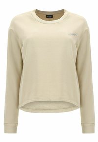 Felpa beige a maniche lunghe con scollo tondo, polsini a coste e fondo in rete. Presenta un discreto logo sul petto.