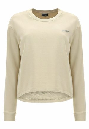 Felpa beige a maniche lunghe con scollo tondo, polsini a coste e fondo in rete. Presenta un discreto logo sul petto.