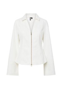 Giacca leggera bianca con zip sul davanti, colletto a punta e maniche svasate. Presenta una texture liscia e dettagli di cucitura sottili.