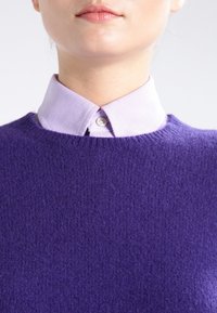 Parte inferiore del viso e collo di una donna che indossa una camicia collare lavanda sotto un maglione di lana viola su uno sfondo bianco.