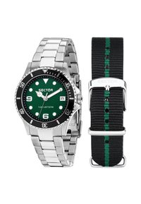 Orologio al quarzo con quadrante verde a motivo ondulato, cassa e bracciale in acciaio inossidabile, ghiera nera e cinturino in tessuto nero con accenti verdi.