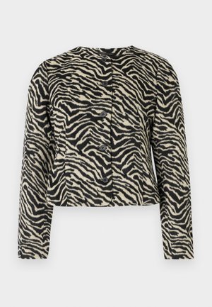 Gekürzte Jacke mit Zebramuster in Creme und Schwarz, mit vier Knöpfen vorne, langen Ärmeln und einem weichen, strukturierten Stoff.