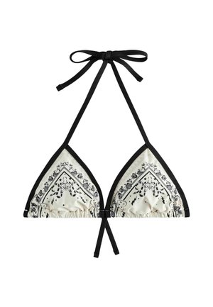 Weißes dreieckiges Bikini-Top mit schwarzem Rand, schwarzem Blumen- und Schmetterlingsmuster sowie schwarzen Bindebändern am Hals und Rücken.